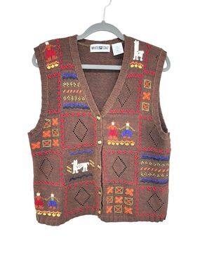 Vtg Y2K White Stag Embroidered Colorful Cottage Aztec Sweater Vest Womens XL